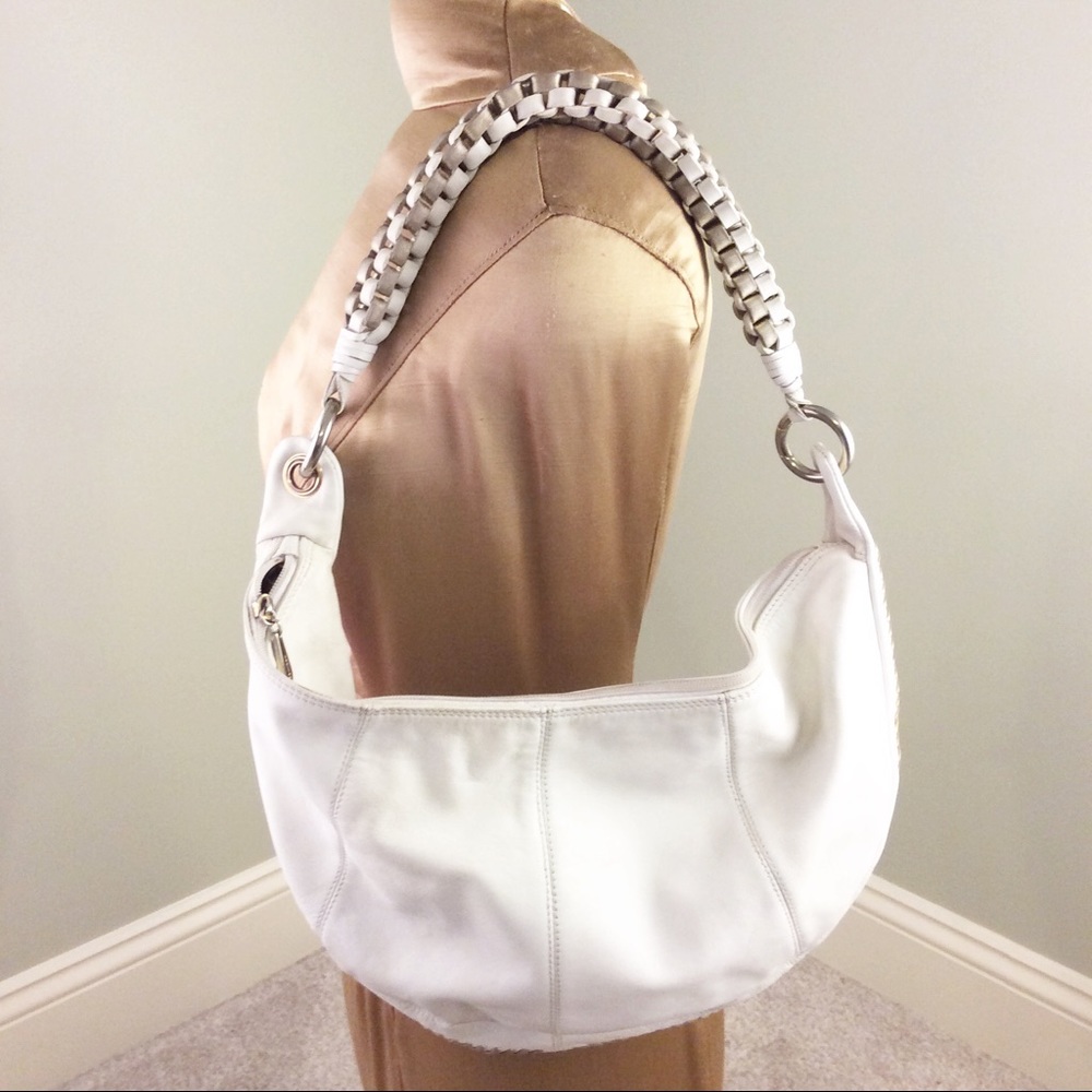 Berge Italian Leather White Braided Handle Hobo